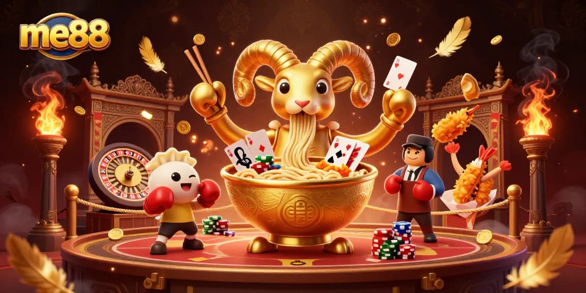 Experience me88's vibrant live casino atmosphere with a giant ramen bowl dealer and interactive casino elements.