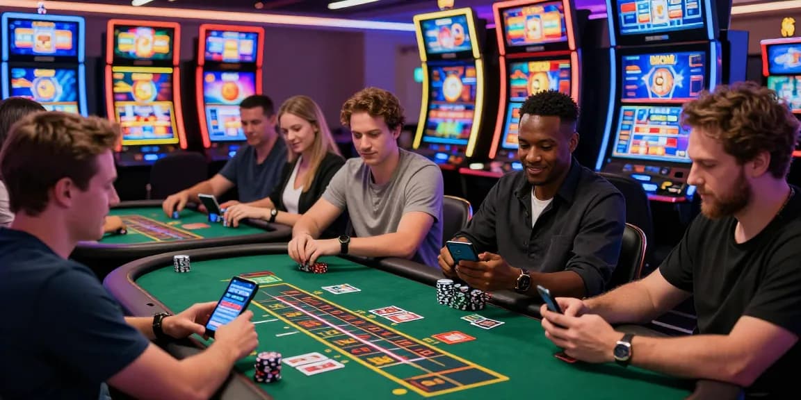 Exciting gameplay at credit card casinos with diverse players enjoying live games and digital slots.
