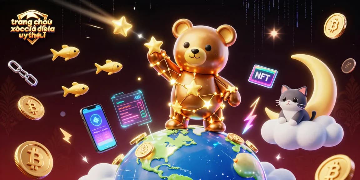 Engage with trang chơi xóc đĩa uy tín featuring dynamic 3D characters amidst glowing crypto coins and vibrant casino elements