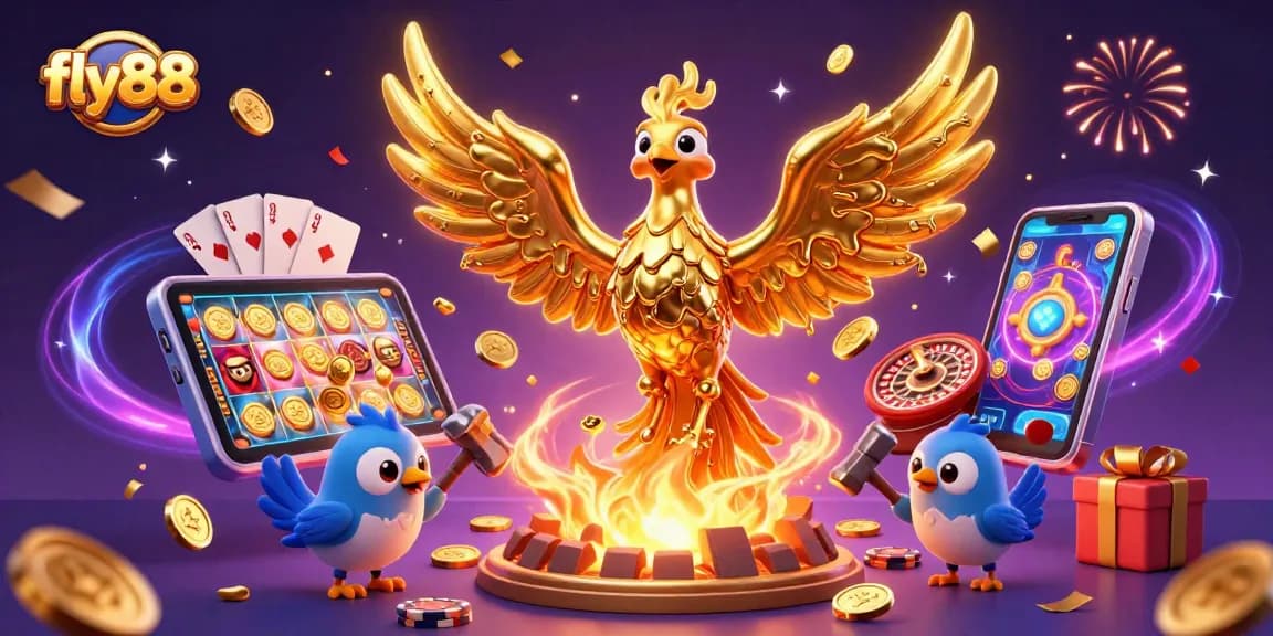 fly88 players spinning slots and hitting jackpots amid a spectacular golden phoenix creation