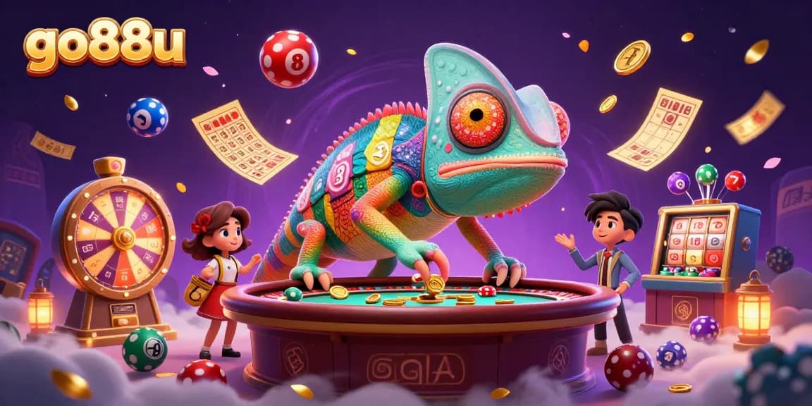 Engage in thrilling gaming at go88u with colorful lottery balls and a dynamic chameleon casino owner.