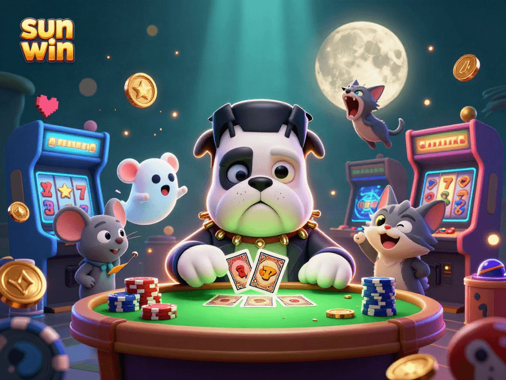 Win big at sun win with a spooky casino scene featuring a Frankenstein bulldog and ghost mouse.