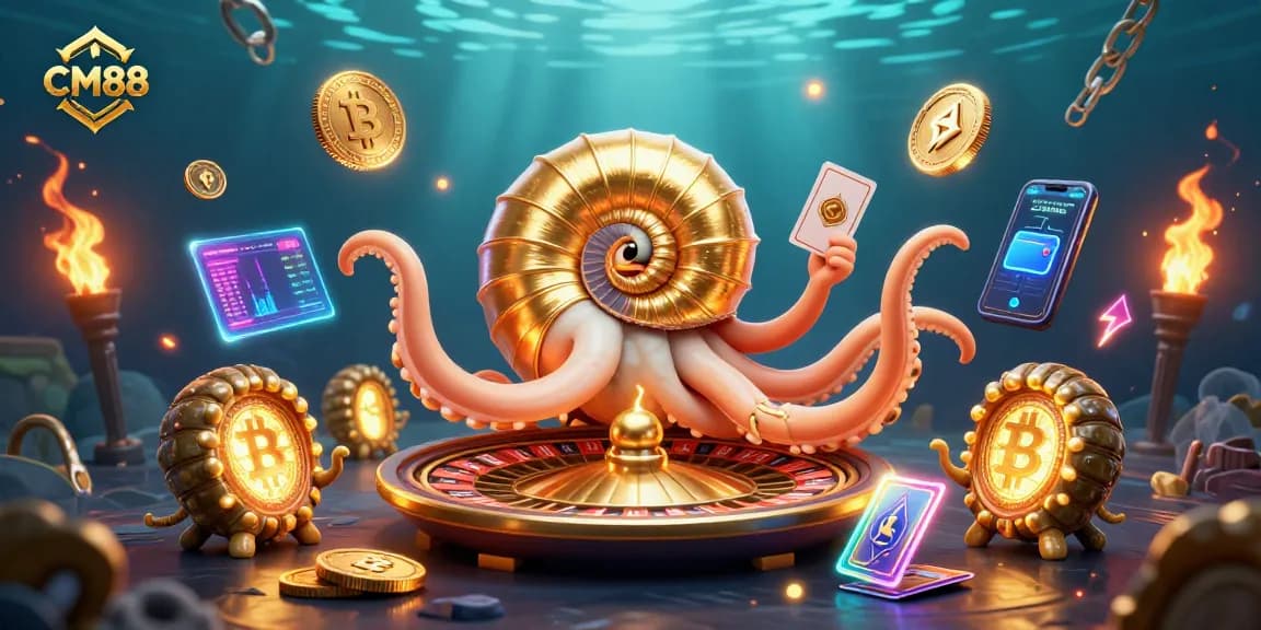 Experience exhilarating gaming with CM88's giant nautilus roulette and glowing crypto elements.