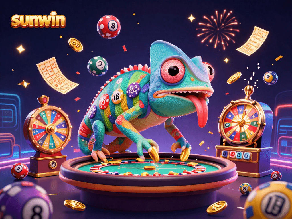 Win big with sunwin's vibrant chameleon casino owner amidst a festive gaming celebration.