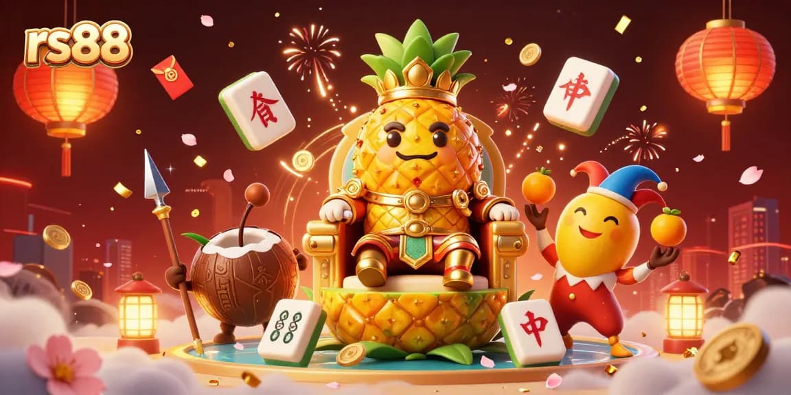 Experience excitement with the vibrant rs88 illustration featuring the golden pineapple king and dynamic casino elements.