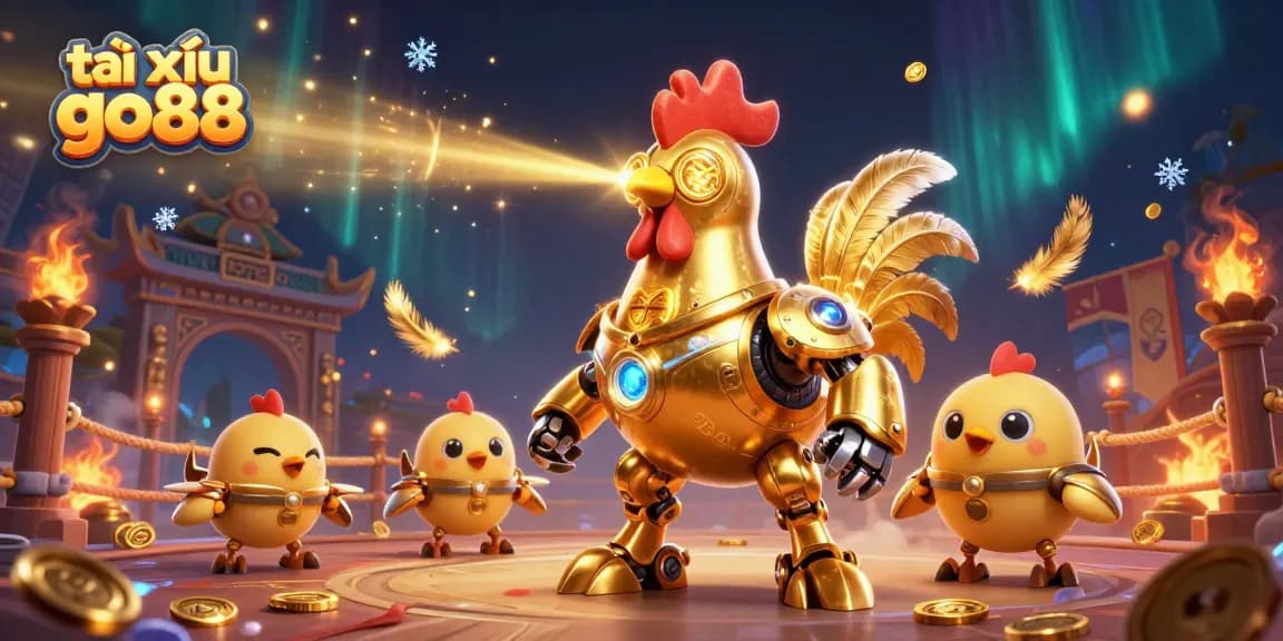 Experience the thrill of tài xỉu go88 with a retro-futuristic golden rooster shooting lasers, surrounded by an action-filled casino scene.