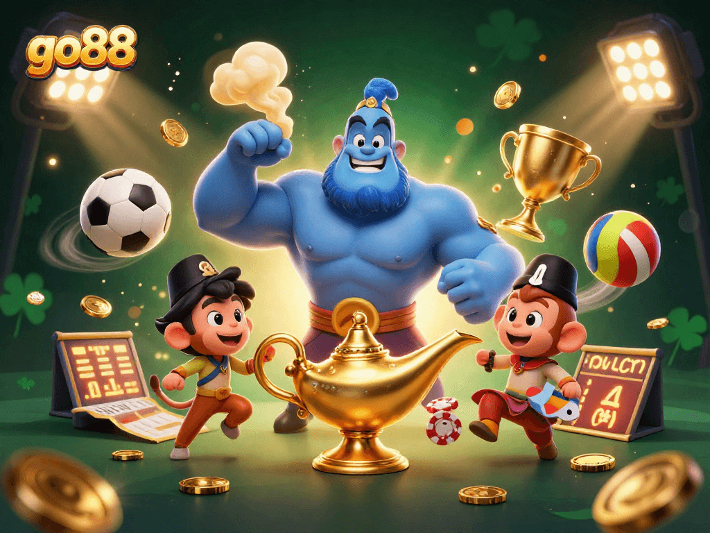 Engage with go88 through a vibrant 3D illustration featuring a muscular genie, playful monkey, and dynamic sports elements.
