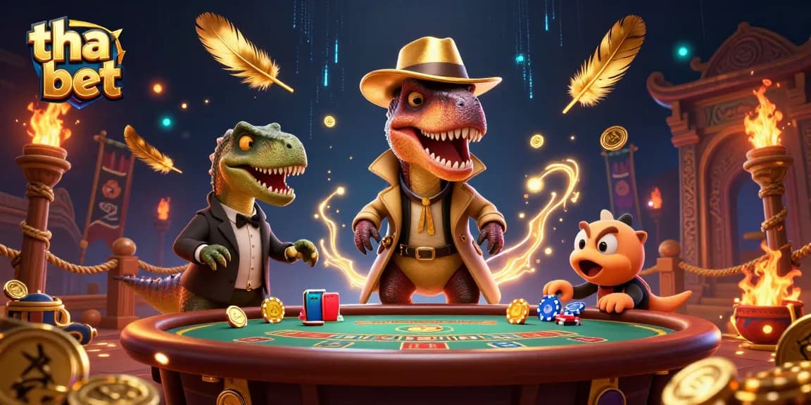 Experience thrilling play at tha bet with a lively casino scene featuring cartoon characters and dynamic gaming elements.