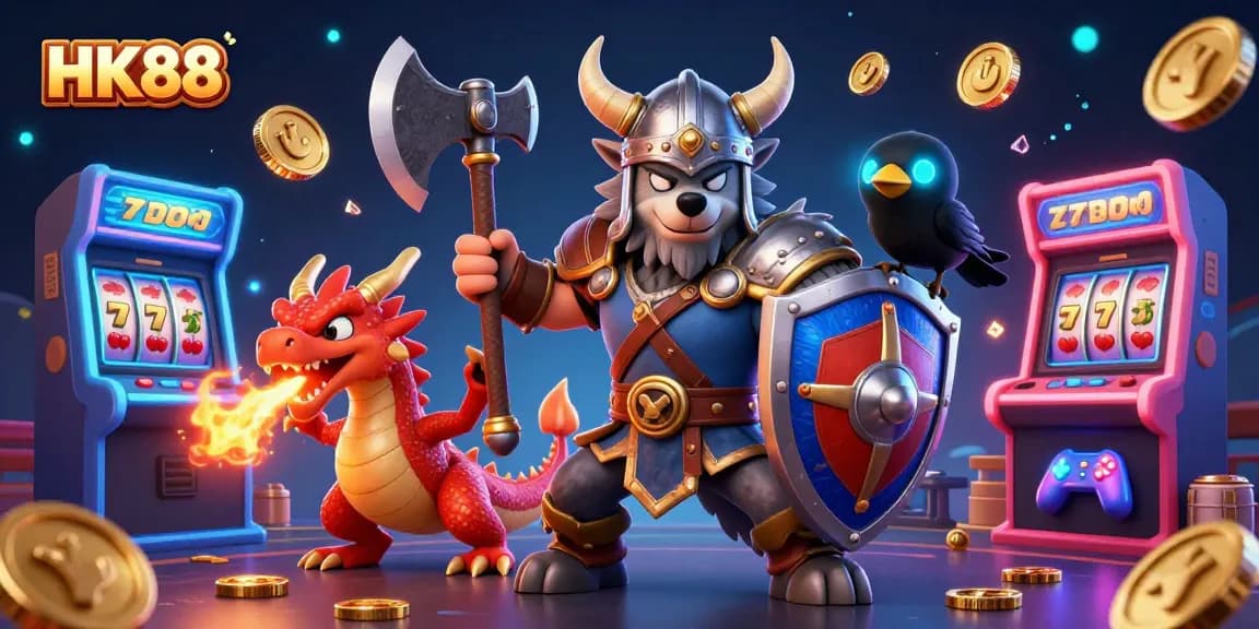 HK88 energizes players with vibrant 3D casino adventure featuring Viking wolf and fiery dragon.