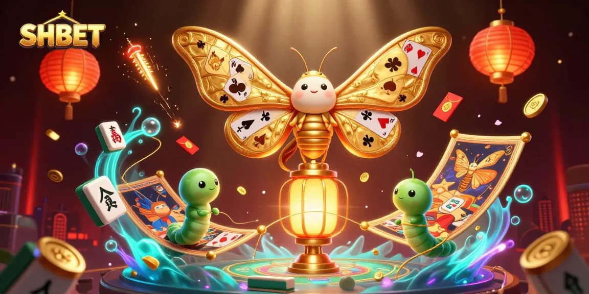 Engage with SHBET's dynamic casino world represented by a majestic atlas moth and vibrant game elements.