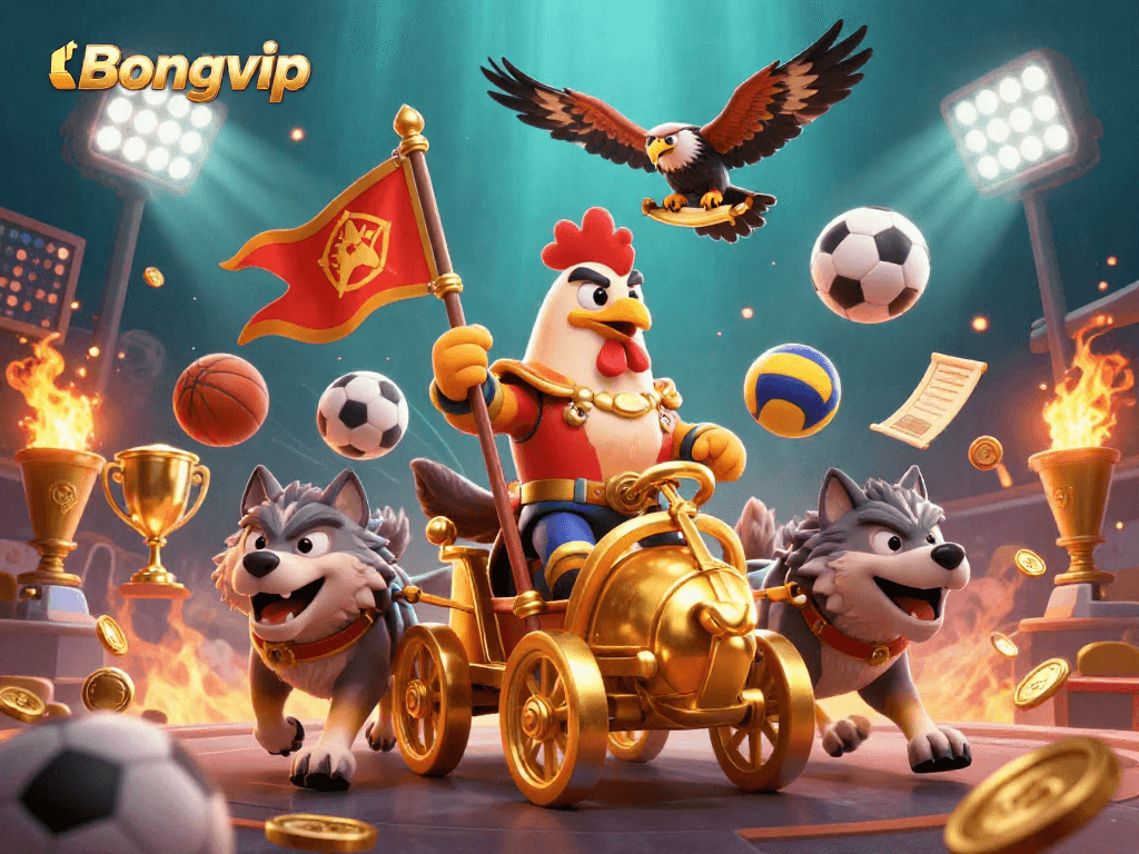 Bongvip casino scene featuring a rooster warlord and sports elements showcasing dynamic betting action.