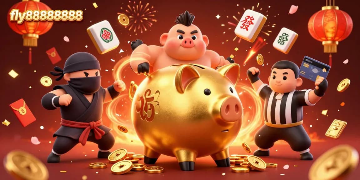 Experience exciting wins at fly88888888 with a dynamic scene featuring a golden piggy bank and colorful gaming elements.