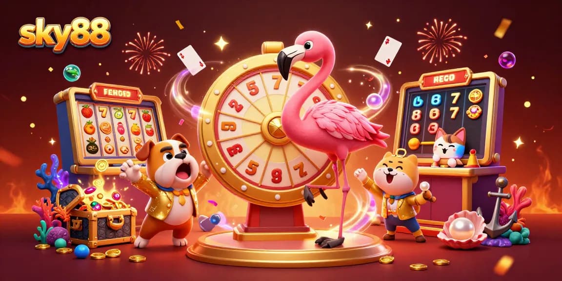 Engage with sky88 casino excitement as the flamingo game show host reveals slots and wins alongside an excited bulldog.