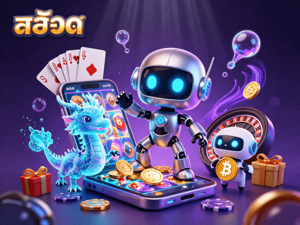 Engage with สล็อต in an exciting 3D casino scene filled with vibrant games and glowing characters.