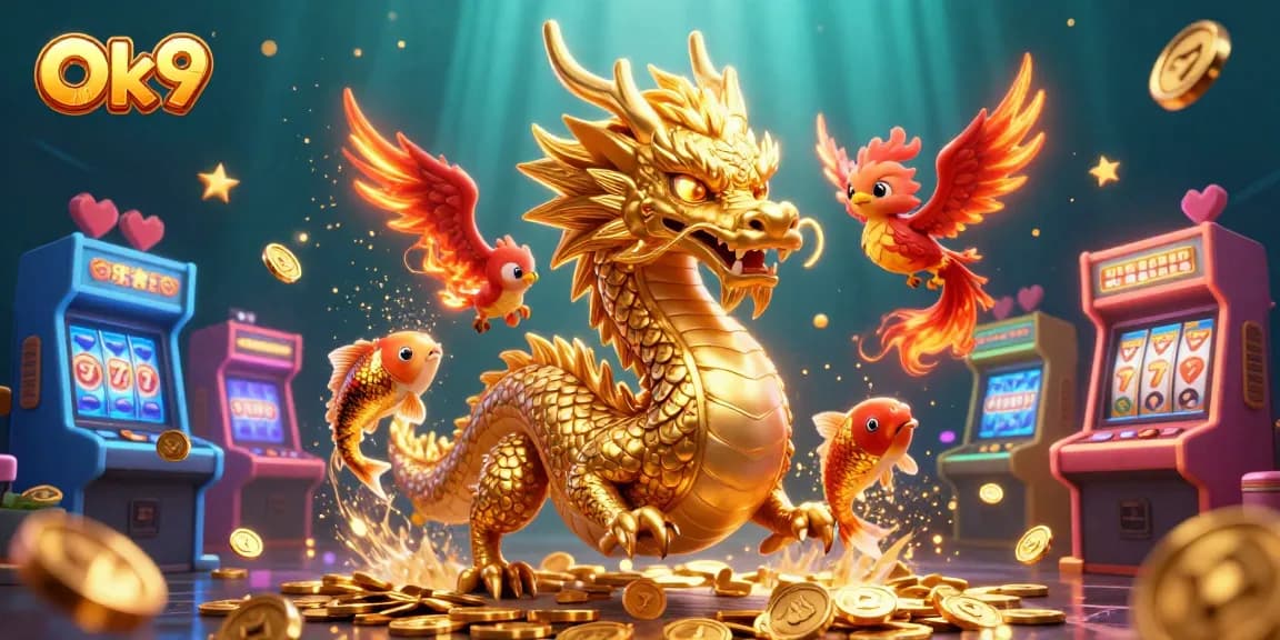 Ok9 showcases a vibrant scene with a golden dragon, phoenix, and koi fish surrounded by dynamic casino elements.