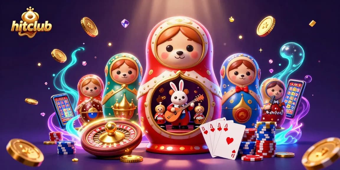 Experience the vibrant world of hitclub with cascading coins and colorful casino characters in a playful 3D scene.