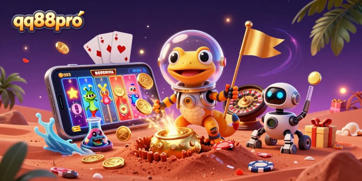 Experience the excitement of qq88pro where Martian gecko discovers a hidden casino while colorful slot games explode with coins.