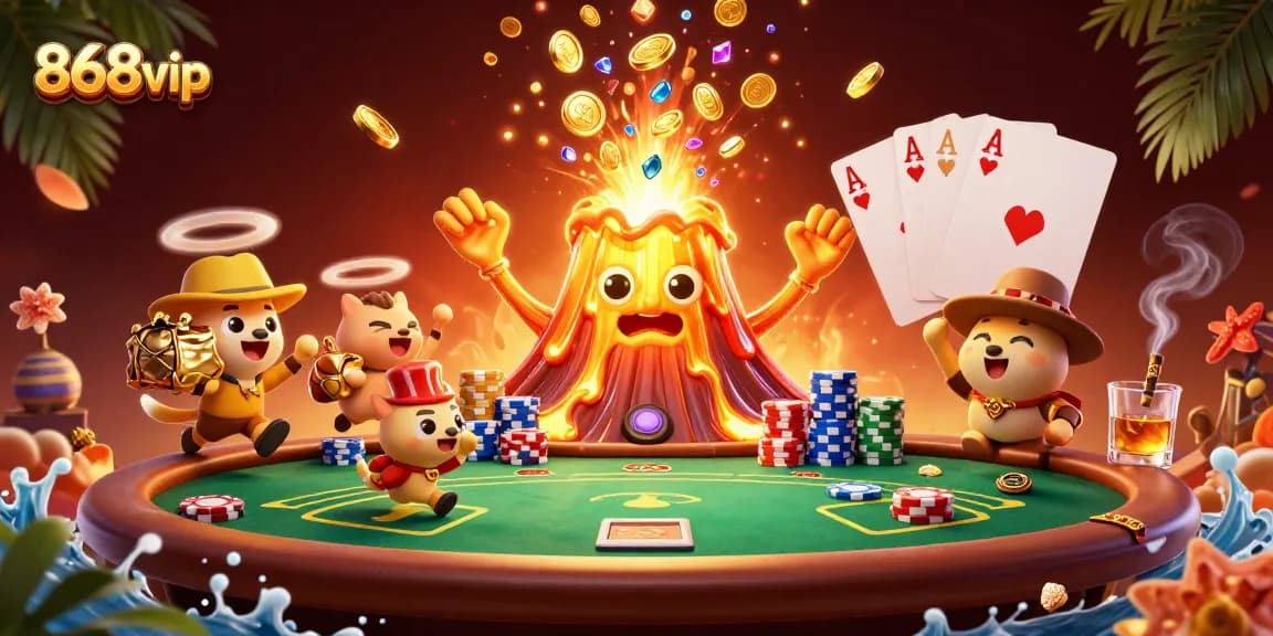 Experience the thrill of 868vip with a whimsical 3D casino scene bursting with vibrant treasures and poker elements.