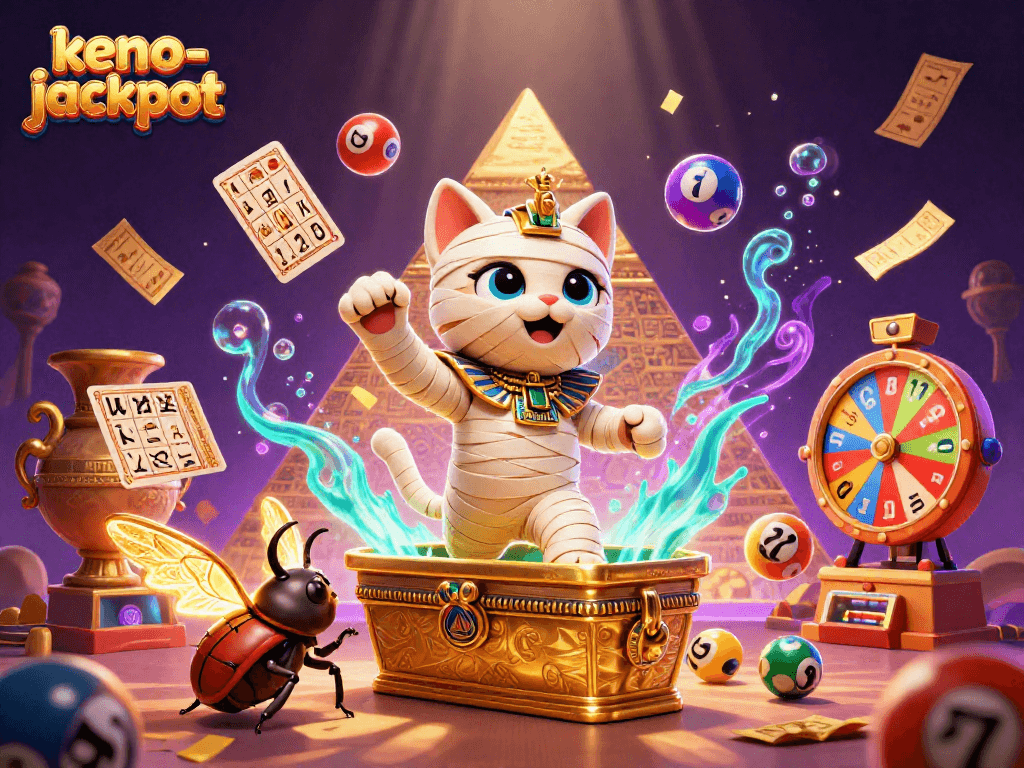 Win big with keno-jackpot in this vibrant casino scene featuring colorful lottery elements.