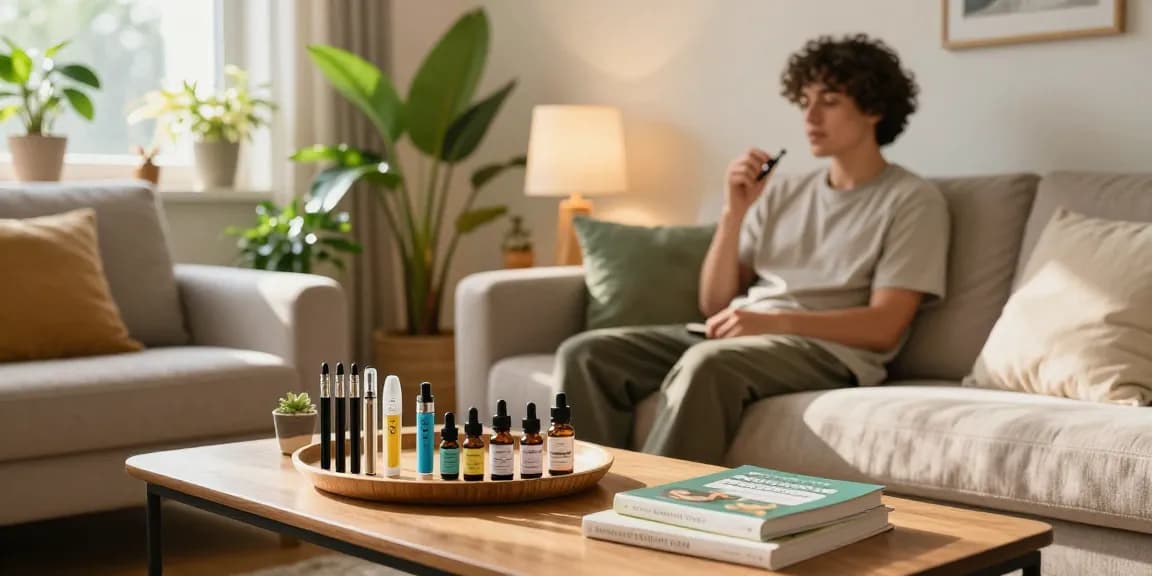 THC vape UK products with person enjoying natural wellness moment in cozy living room, emphasizing relaxation and quality.
