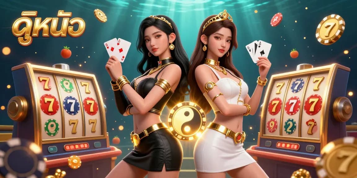 Engaging scene showcasing ดูหนัง with twin Asian women holding playing cards amid vibrant casino elements and glowing effects.
