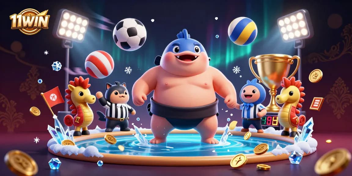 Engage in exhilarating betting action with 11WIN's vibrant underwater casino scene featuring a cartoon fugu, catfish referee, and sports elements.