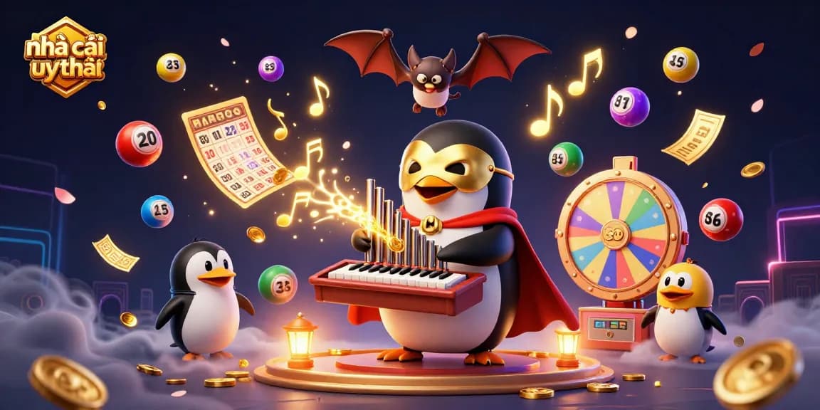 Experience the thrill of nhà cái uy tín with a 3D cartoon scene of a penguin organist and playful elements.
