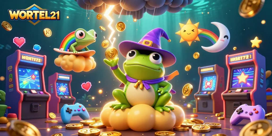 Experience WORTEL21's thrilling golden coin storm in this vibrant casino-themed illustration.