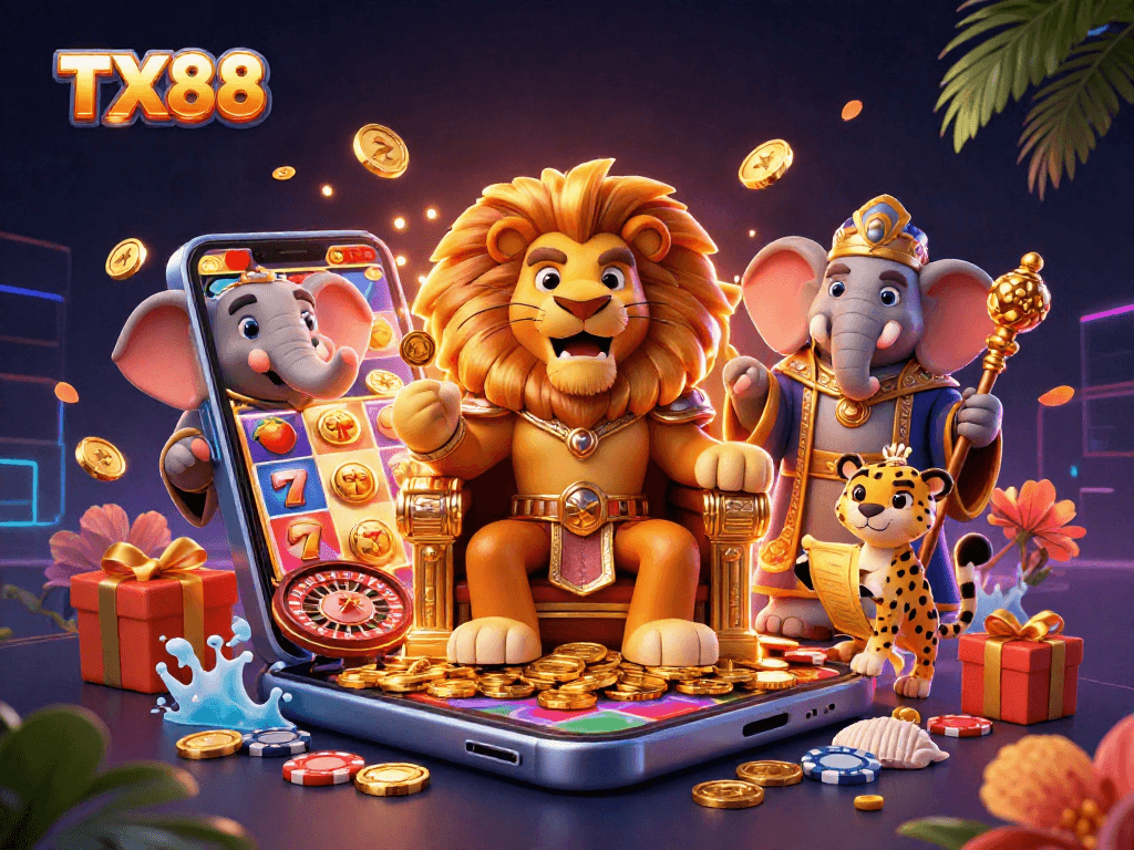 Experience thrilling TX88 casino excitement with dynamic gaming characters and vibrant elements.