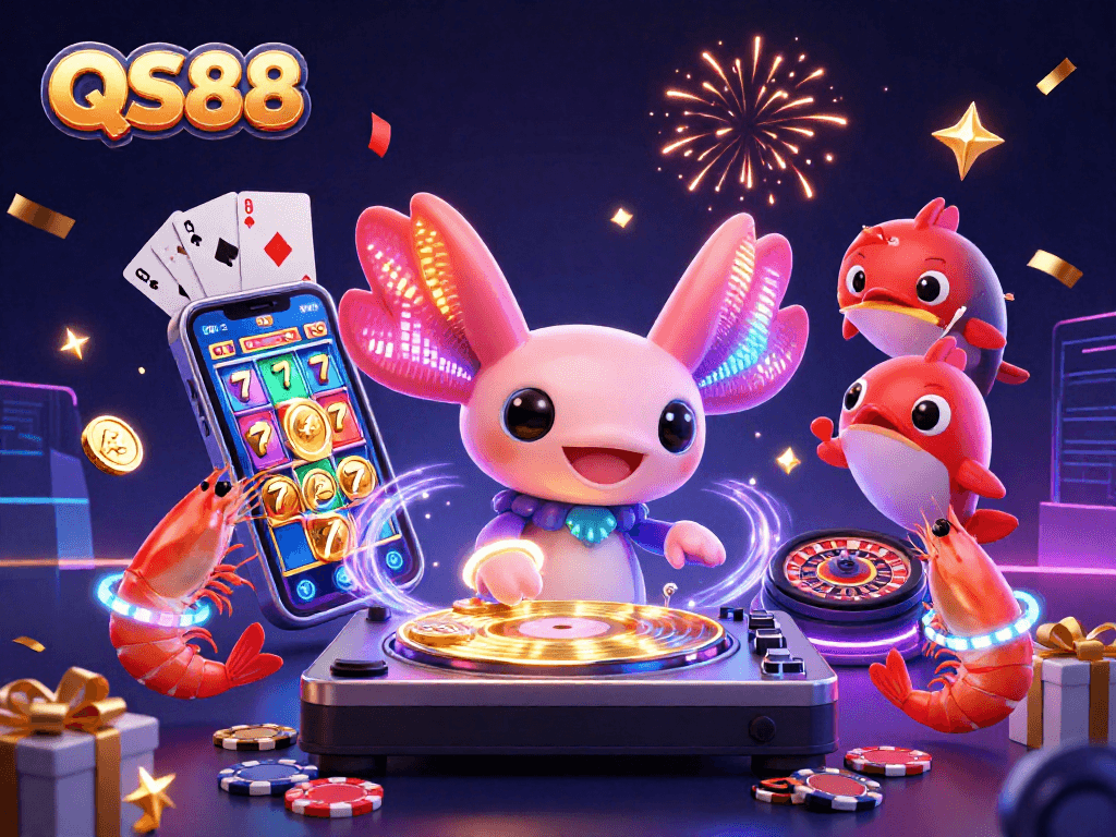 Experience exciting gaming action with QS88, featuring a vibrant neon axolotl DJ and dynamic casino elements.