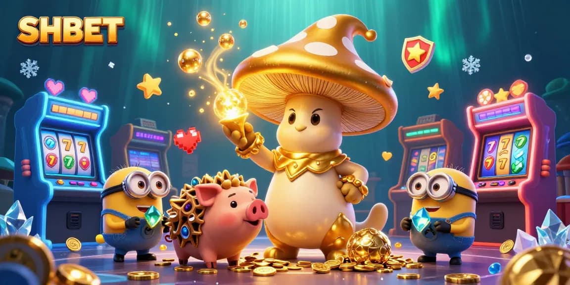 Engage with SHBET's vibrant gaming scene featuring magical gold transformations amidst colorful casino elements.