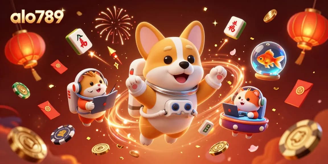 Alo789 elevates the gaming experience with vibrant floating casino elements and engaging characters in a celebratory scene.