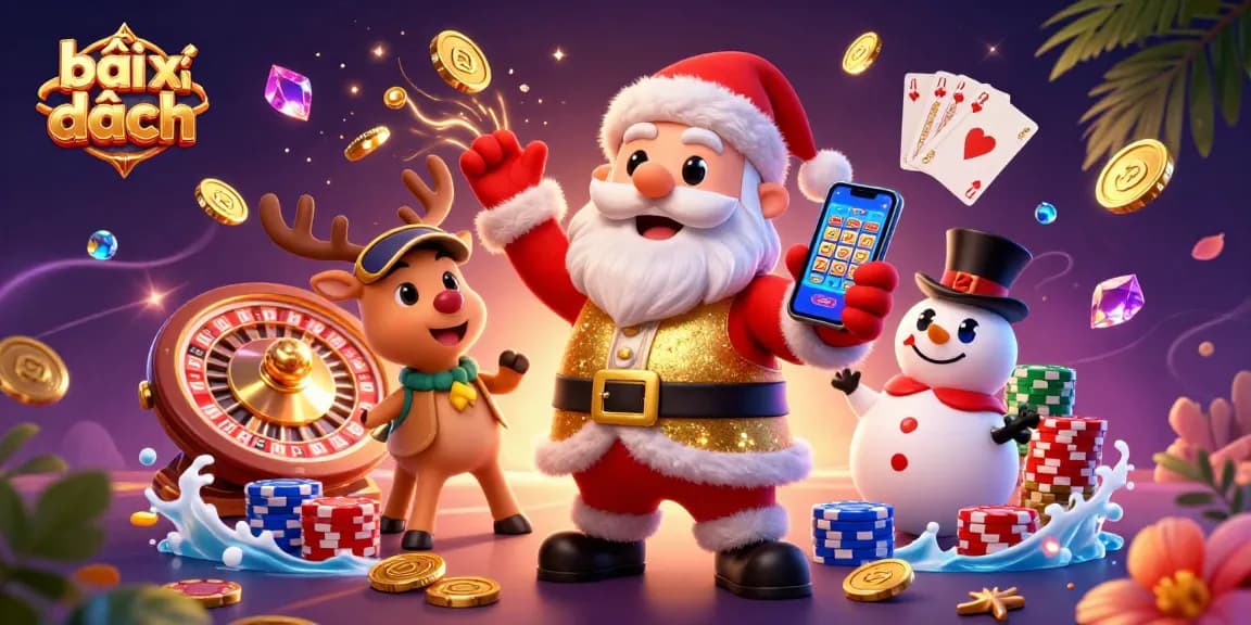 Experience the thrill of bài xì dách with a festive casino scene featuring Santa and playful characters.