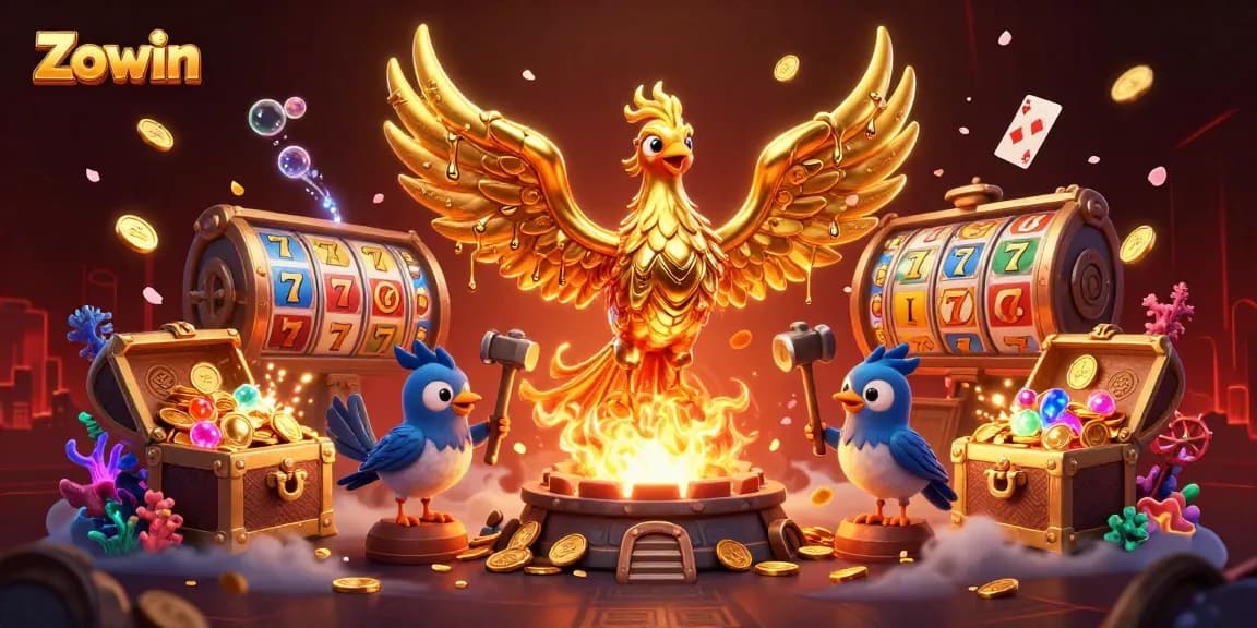Zowin players capture a jackpot in a vibrant 3D scene filled with gold coins, games, and excitement.