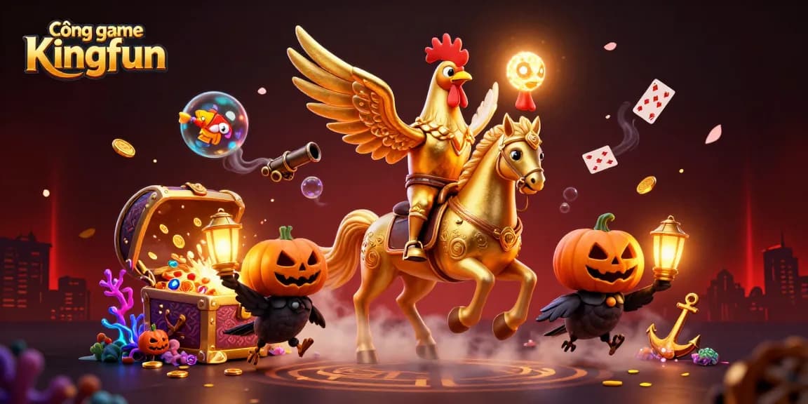 Cổng game Kingfun features a spectacular 3D casino scene with iconic characters and vibrant gambling elements.