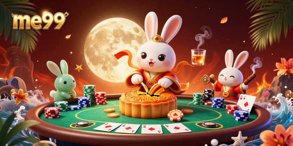 Experience me99 as the moon rabbit reveals poker chips from mooncakes, surrounded by vibrant casino elements.