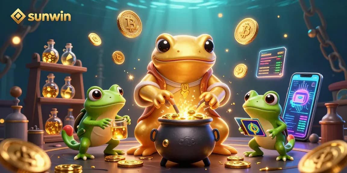 Join the sunwin adventure with golden alchemy and crypto treasures in a bustling casino scene.