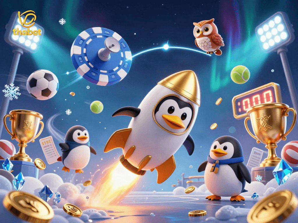 Thabet showcases a golden penguin and sports elements in a vibrant casino space scene.