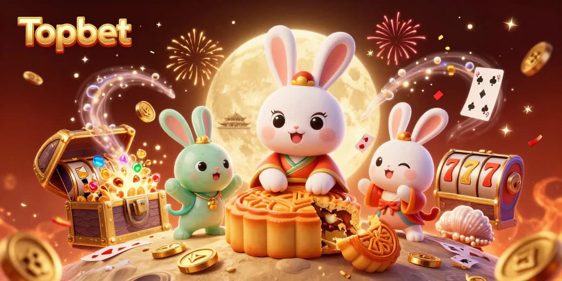 Topbet's vibrant illustration showcases a playful moon rabbit and treasures celebrating online gaming.