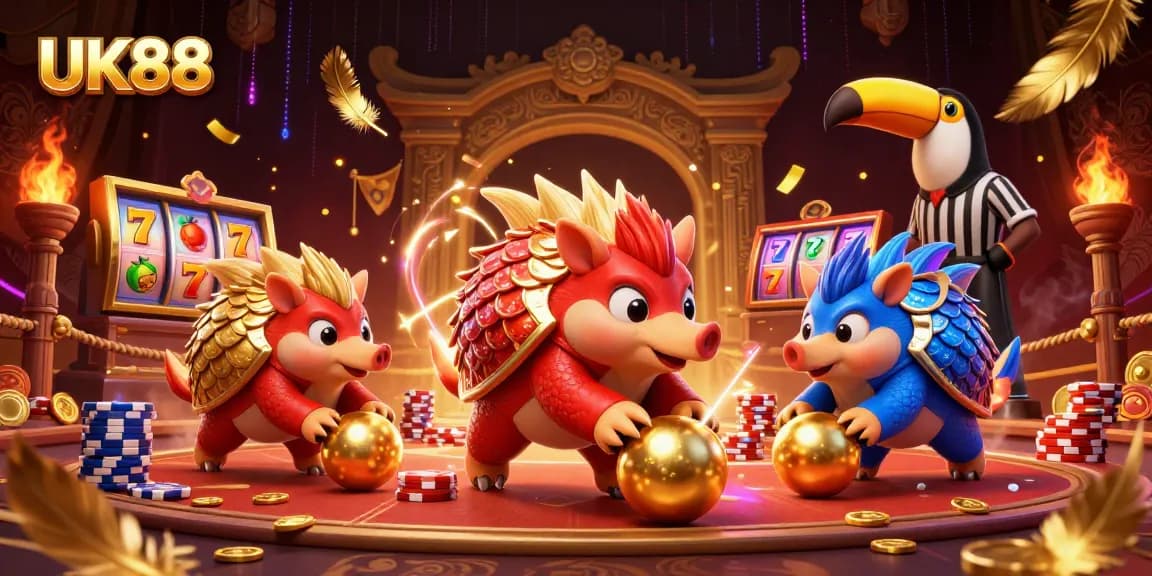 UK88 pangolins bowling featuring a toucan referee in a vibrant casino setting with golden elements.
