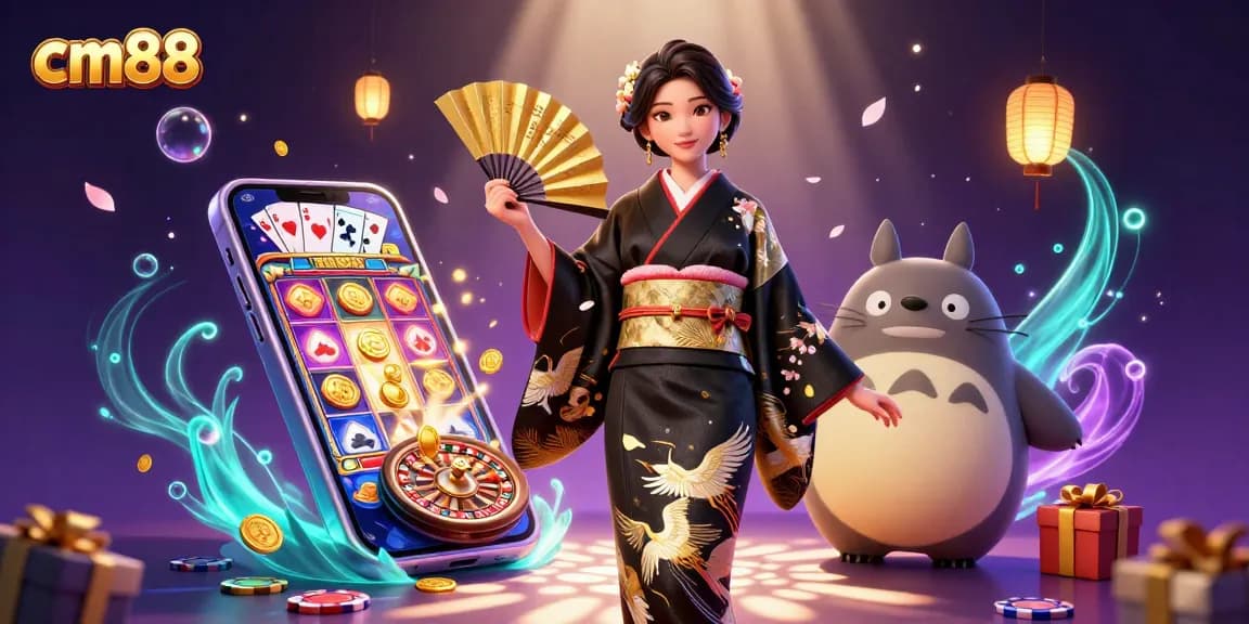 Engage with cm88's vibrant online casino experience through a lively 3D illustration.
