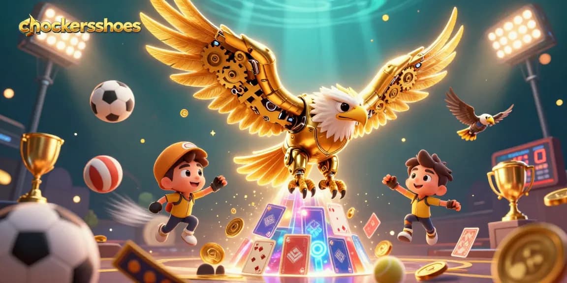 Experience thrilling wins at chockersshoes with a cybernetic eagle diving through holographic playing cards and vibrant sports elements.