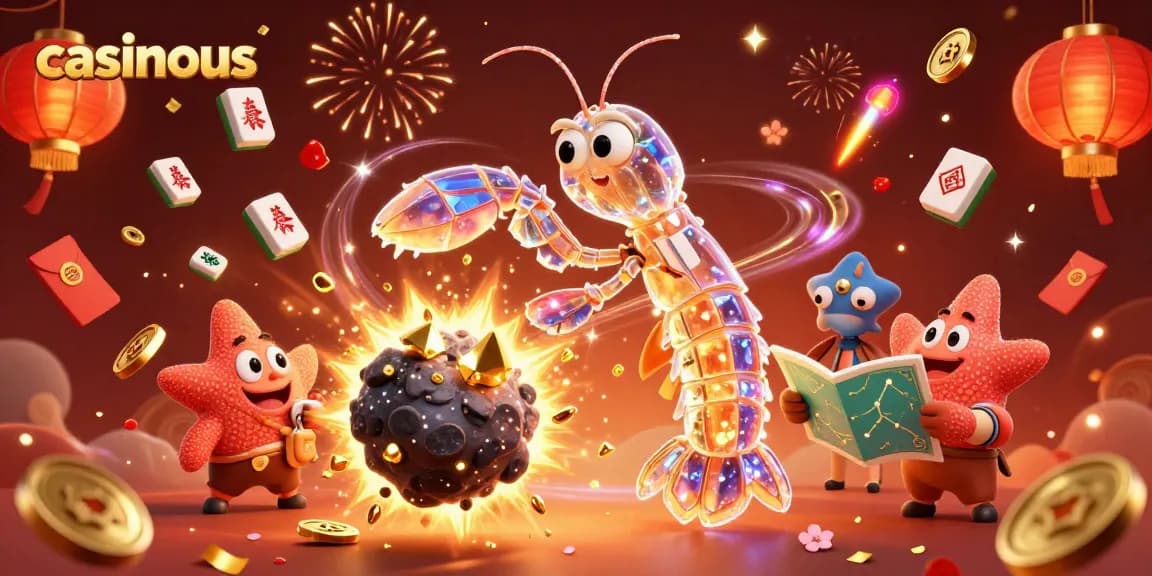 Casinous launches a galactic samurai mantis shrimp, celebrating with gems and coins in a vibrant 3D scene.