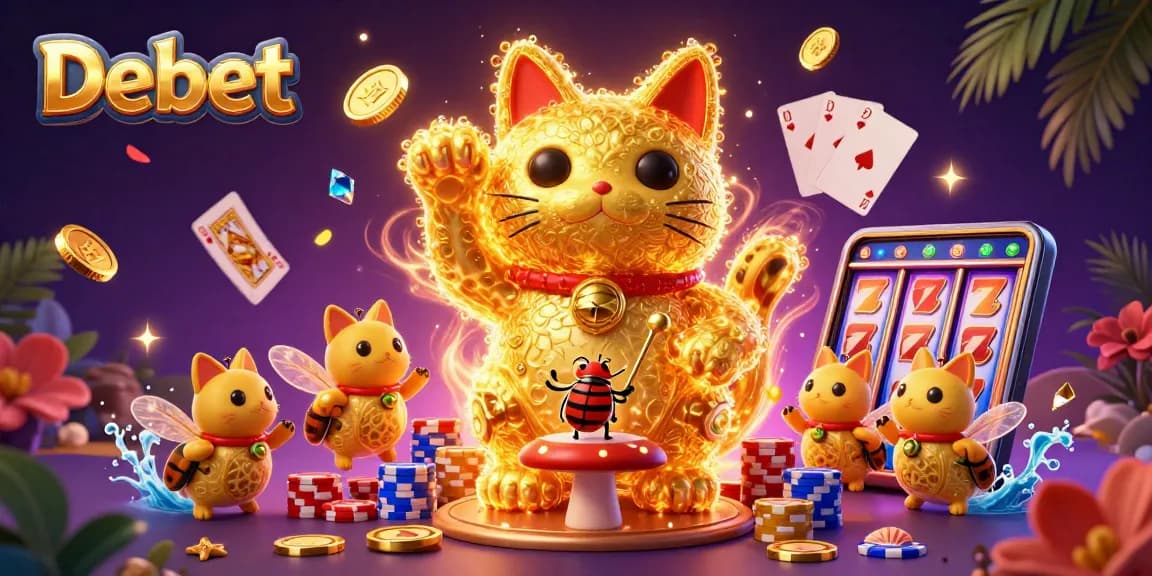 Engage with Debet's exciting world of gaming through a dynamic 3D illustration showcasing vibrant casino elements.