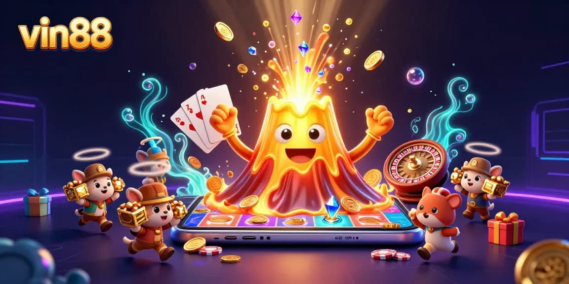 Win big at vin88 with exciting 3D casino games and treasure in a vibrant, animated scene.