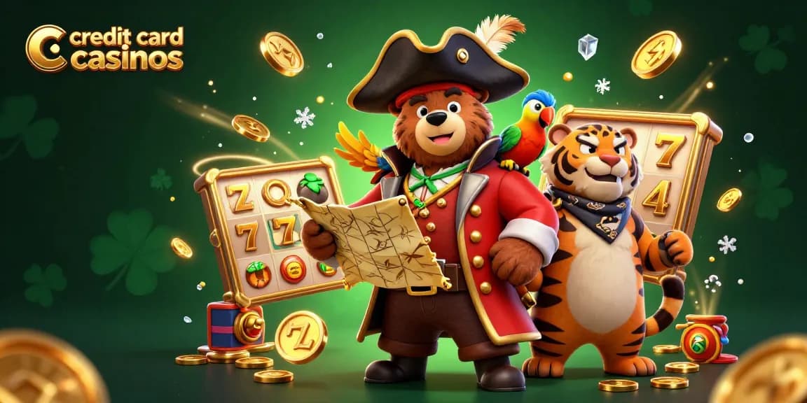 Experience the thrill at credit card casinos with cartoon bear, tiger, and exciting slot games!