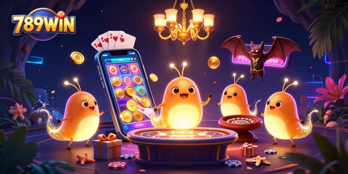 Experience the vibrant casino world with 789WIN in an energetic glowworm-themed illustration.