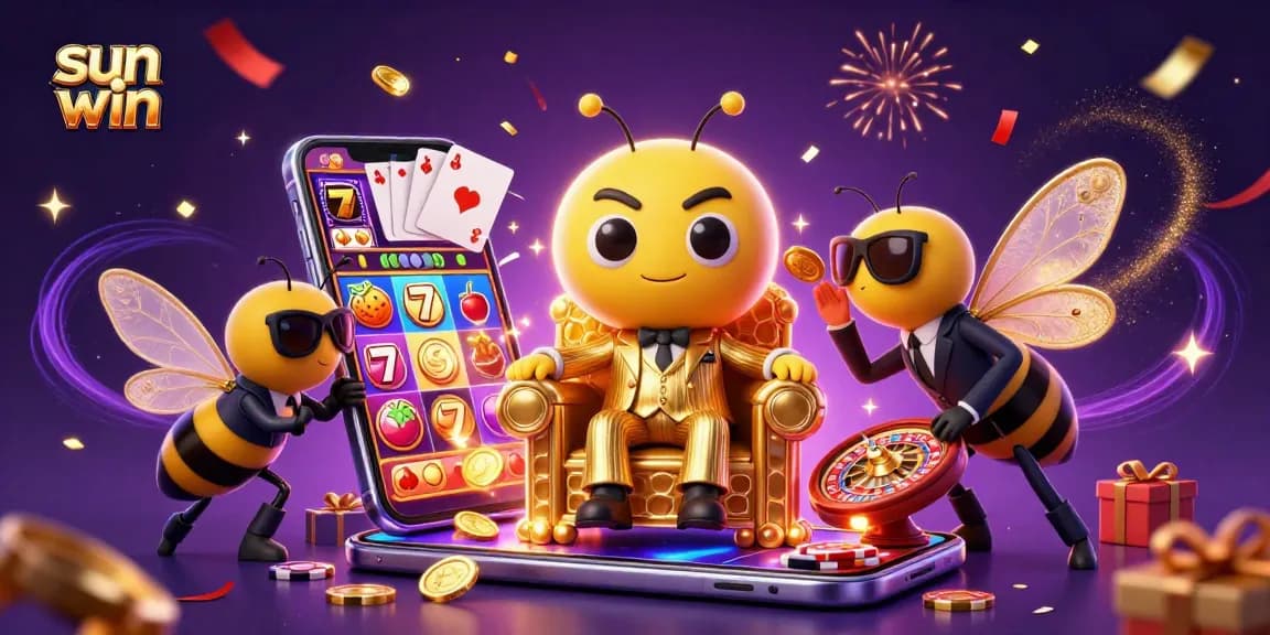 Spin wins with sun win: 3D bumblebee mob boss and vibrant casino elements.