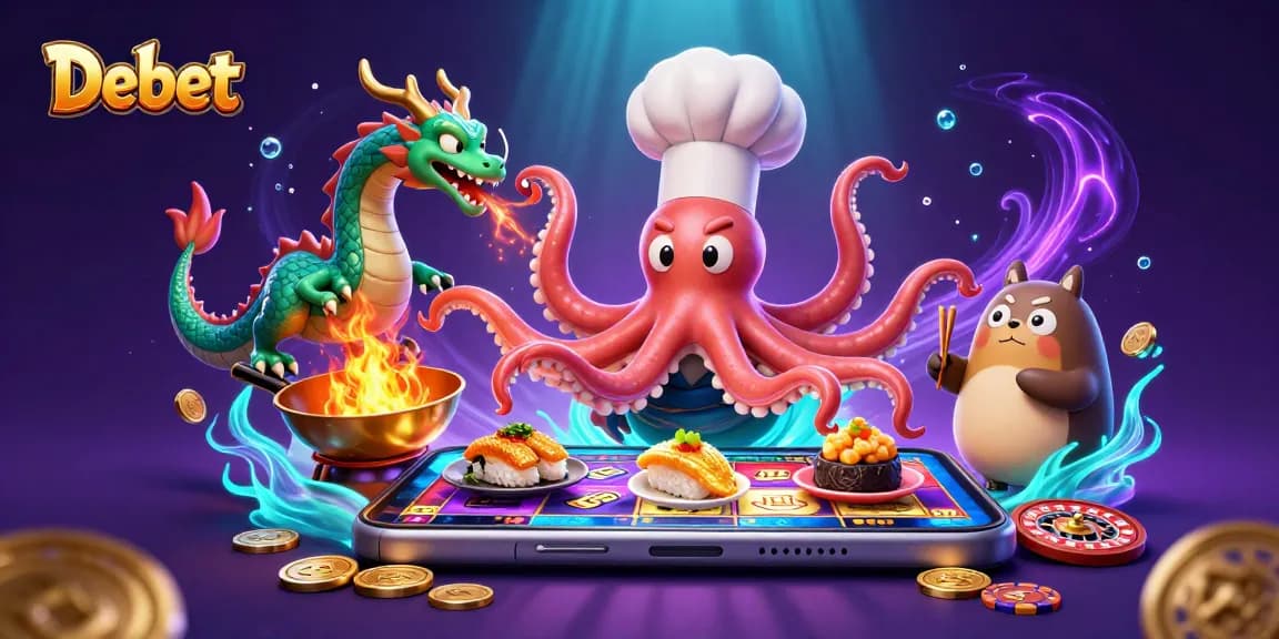 Debet engages players with a colorful slot game amidst a vibrant 3D casino ambiance.
