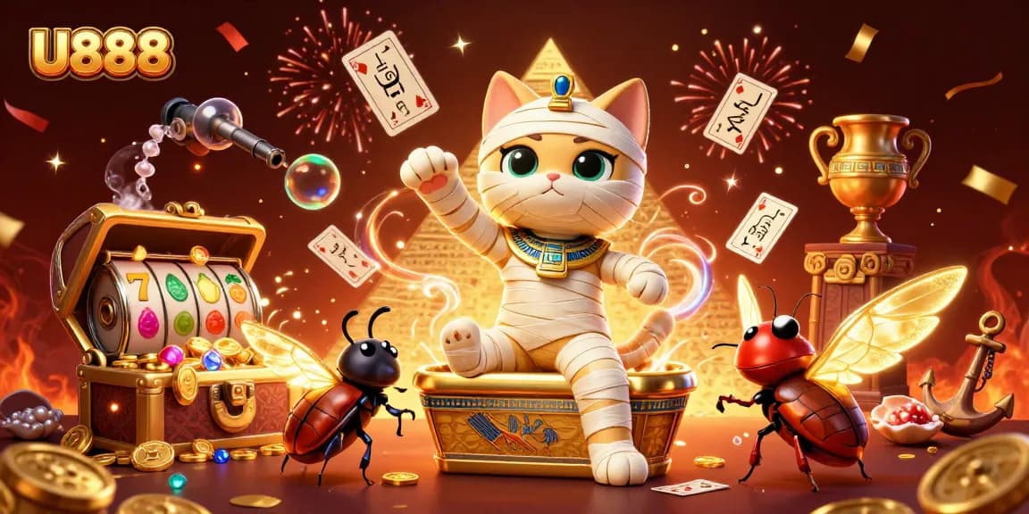 Engage with U888's dynamic gaming environment featuring a golden sarcophagus and vibrant slot games.